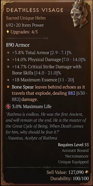 Diablo IV Endgame Necromancer Build - Deathless Visage Unique Helm to Improve Bone Spear