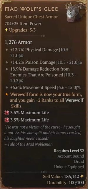 D4 Dire Wolf Druid Build - Mad Wolf's Glee where the Werewolf Form is Now Your True Form