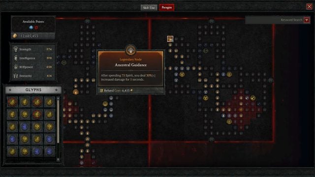 Diablo 4 Druid Build Howling Tempest - Paragon Board - Ancestral Guidance for Damage Increase