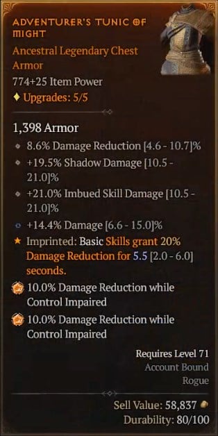 Diablo 4 Rogue Build - Trap Master with the Adventurer's Tunic of Might for Basic Skills to Grant Damage Reduction