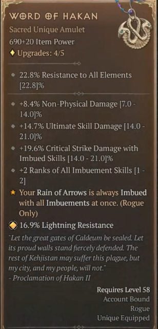 Diablo 4 Rogue Build with the Word of Hakan to Imbue Rain of Arrows with All Imbuements