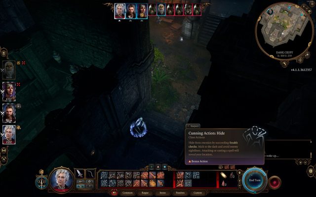Actions can include Weapon Actions, Spells, Throw, Hide, Dash and more in Baldur's Gate 3 combat.